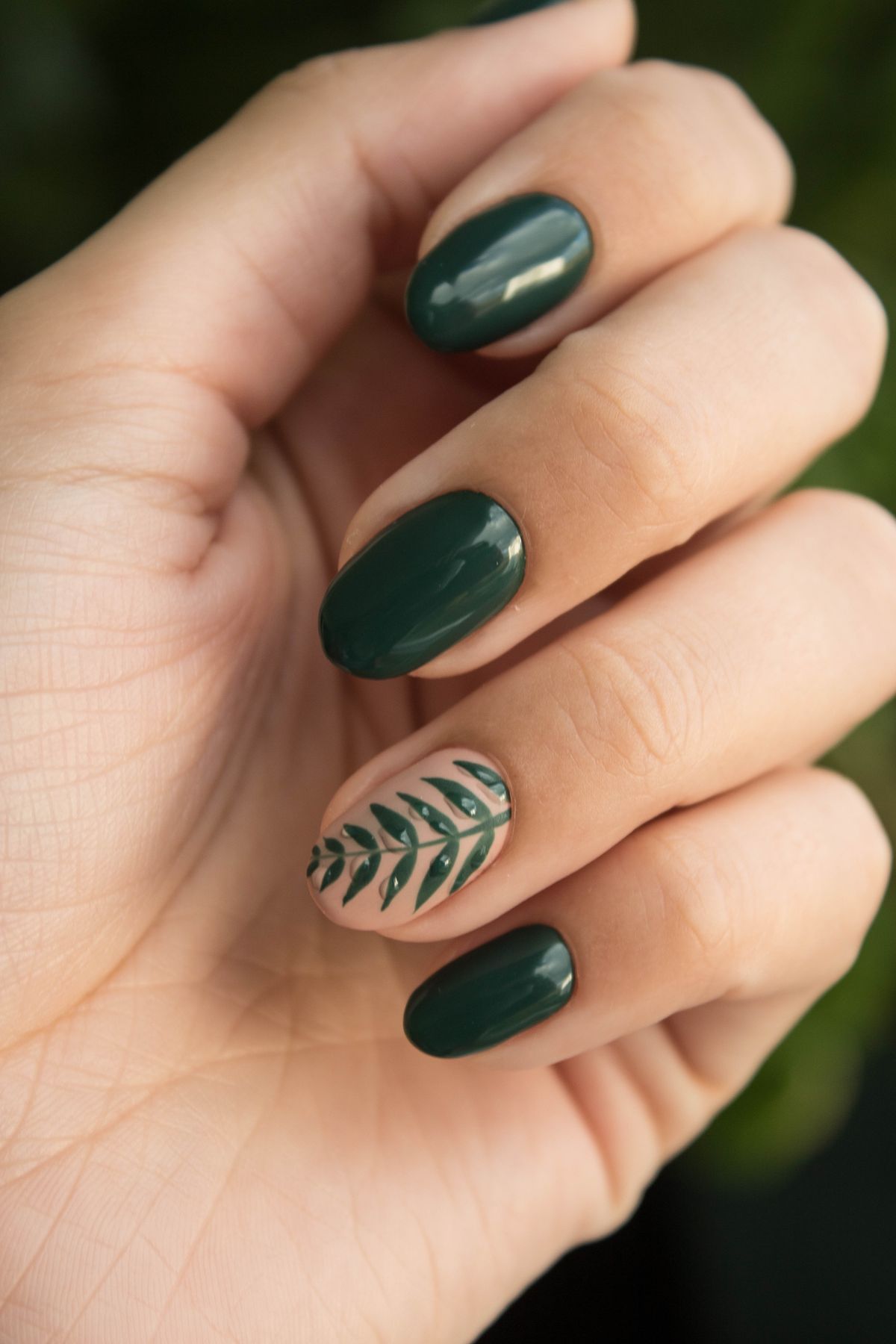Green gel nail art with leaf design at My Nails